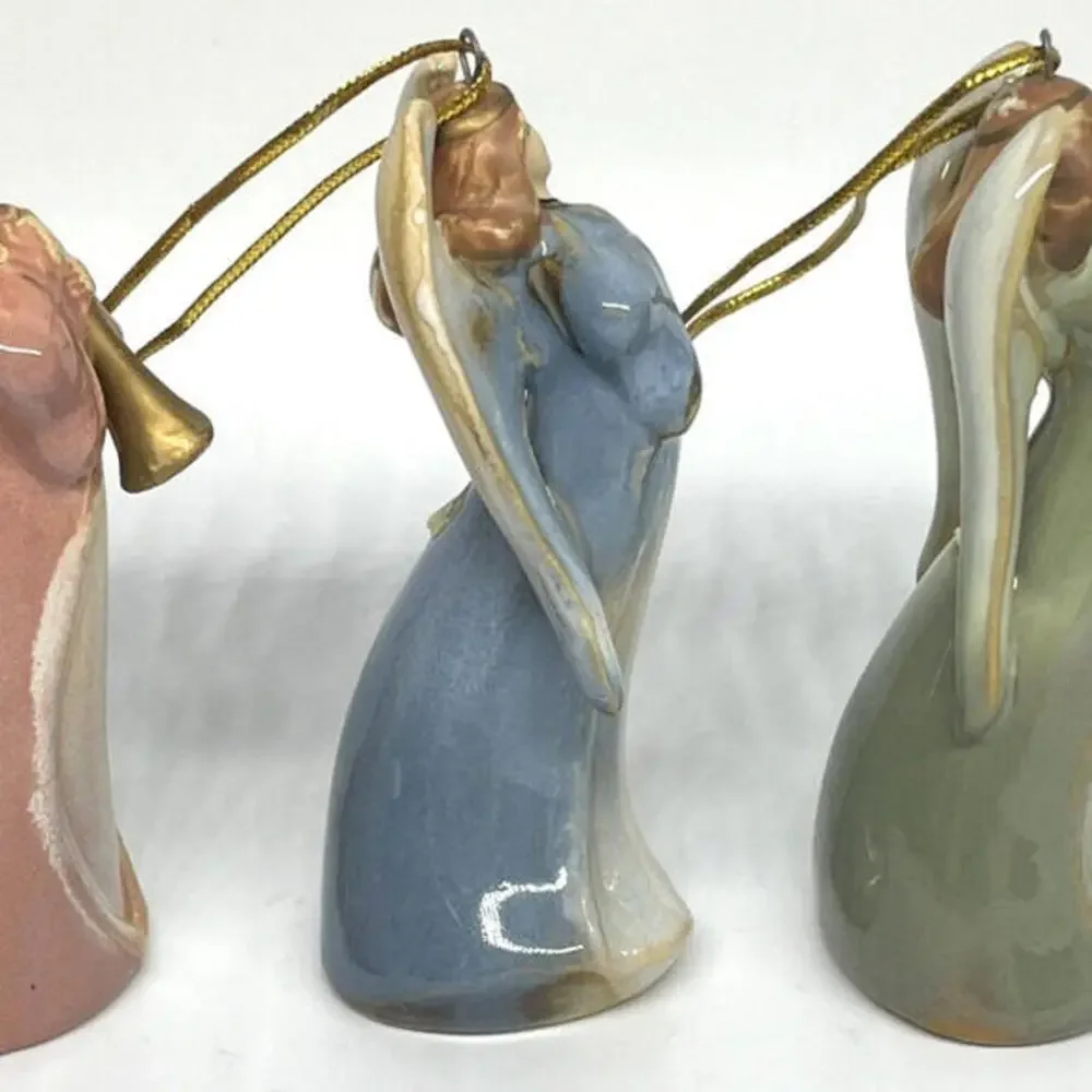 Angel Bell Glazed Ceramic Christmas Ornaments‎ Hand Painted Set of 3